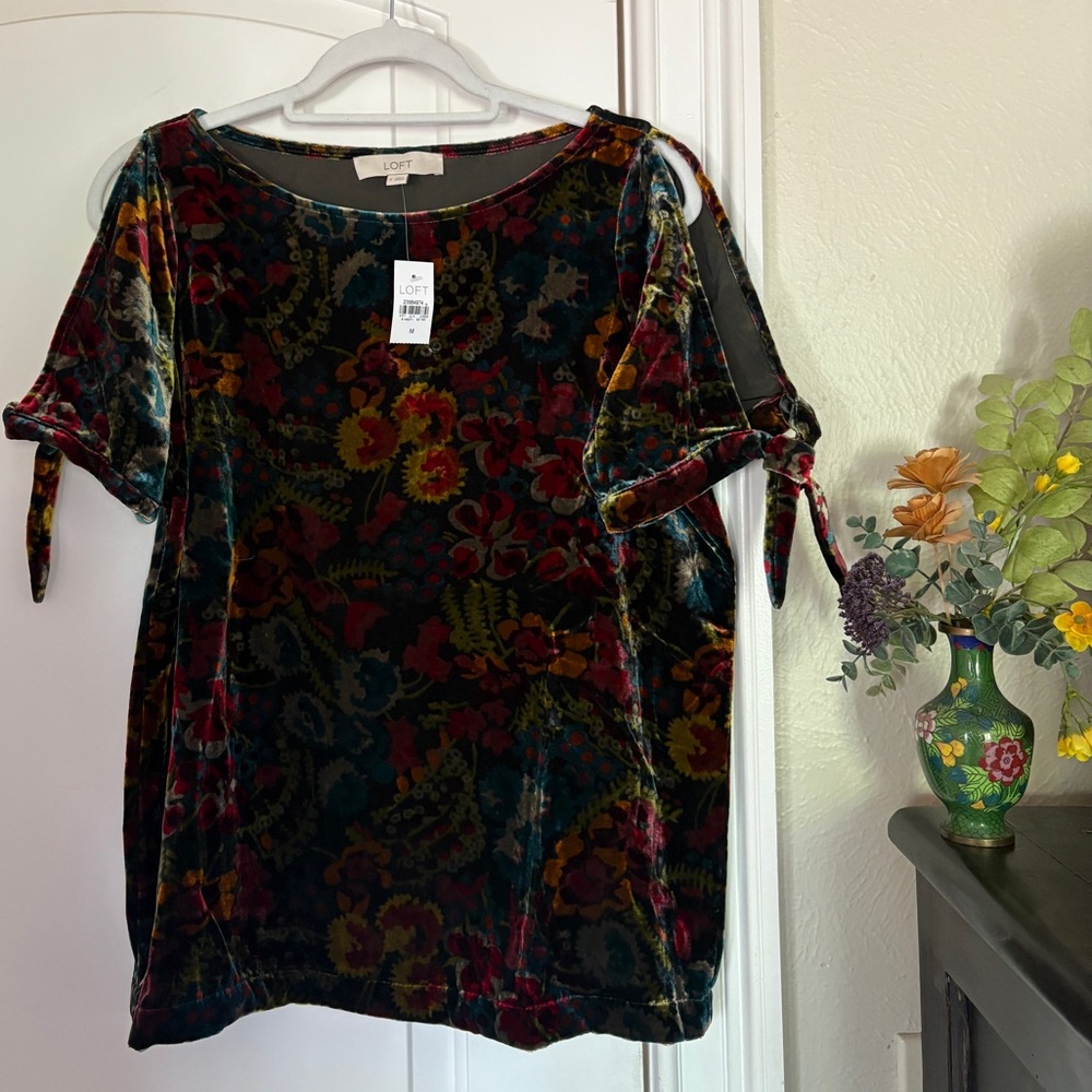 LOFT Velvet Floral Relaxed Tie Sleeve Blouse